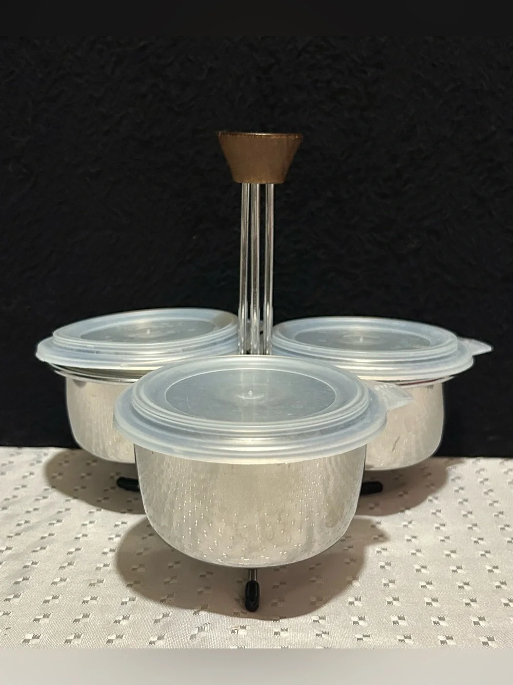 Vintage Stainless Steel Condiment Holder With 3 Bowls & Lids Wood Handle 8